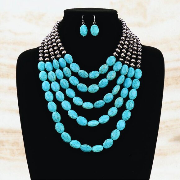 The Neva Stone & Navajo Beaded Turquoise Silver Necklace & Earrings SET NEW - Picture 2 of 4